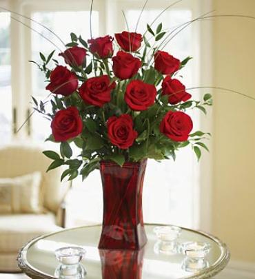 Blooming Love 12 Red Roses in Red Vase
