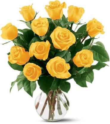 12 Yellow Roses Arranged With Greenery