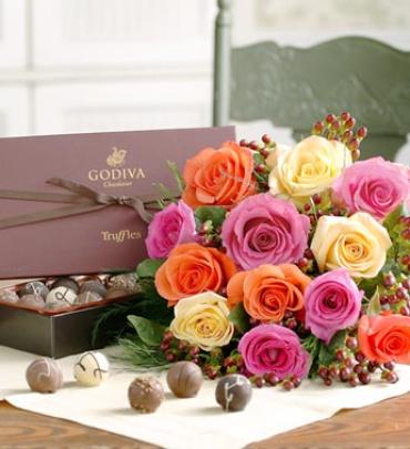 One Dozen Multicolored Roses With Optional Chocolates