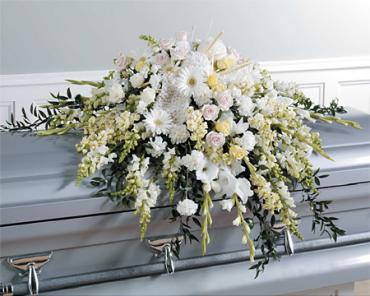 White Casket Spray with Knitting Accents