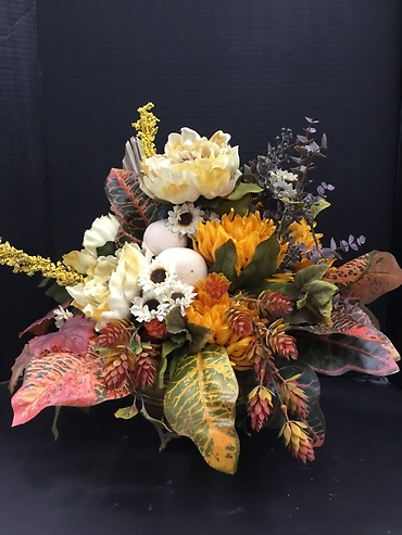 CROTON LEAF SILK FLOWER ARRANGEMENT