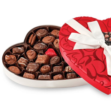 FANCY SATIN/SILK FLOWER HEART BOX Assorted Chocolates 24oz