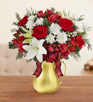 COUNTRY WINTER BOUQUET IN GOLD HAMMERED METAL PITCHER