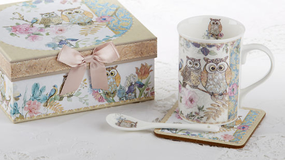 TWO OWLS PORCELAIN MUG-COASTER-SPOON SET GIFT BOXED