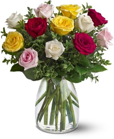 A Dozen Mixed Roses With Red