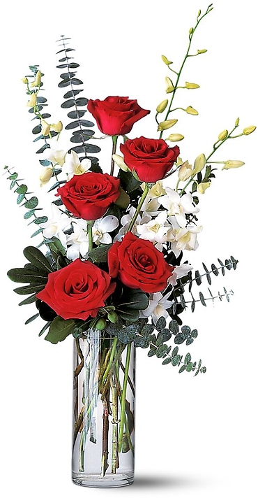 Red Roses With White Orchids