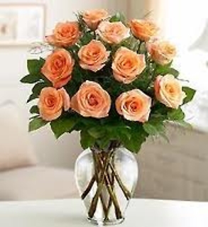 1 DOZEN LONG STEM PEACH ROSES WITH GREENERY