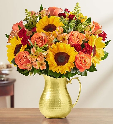 SUNSET FALL BOUQUET IN GOLD HAMMERED METAL PITCHER