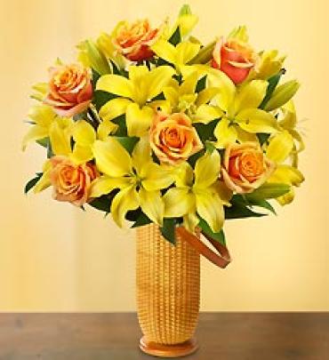 FALL ROSES AND LILIES IN A NANTUCKET BASKET