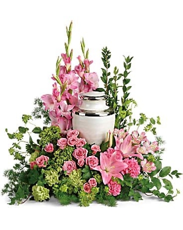 TENDER LOVE PINK WHITE & GREEN URN ARRANGEMENT