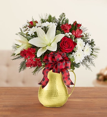 COUNTRY WINTER BOUQUET IN GOLD HAMMERED METAL PITCHER