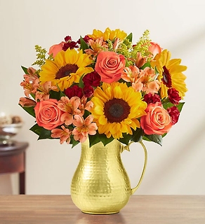 SUNSET FALL BOUQUET IN GOLD HAMMERED METAL PITCHER