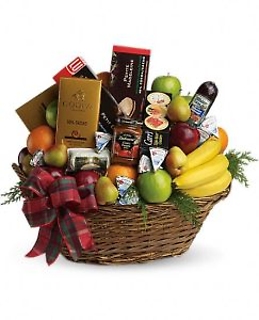MEAT CHEESE FRUIT CHOC GIFT BASKET SHOWN AT $200.00