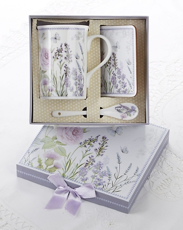 LAVENDER & ROSE PORCELAIN MUG-SPOON-COASTER SET