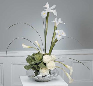 Stylized White Arrangement with Ornamental Cabbage