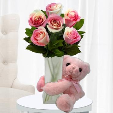 Pink Roses & Pink Bear For Baby Girl