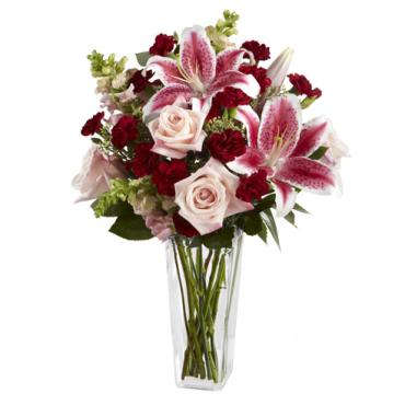 RUBY RED STARGAZER LILY & ROSE BOUQUET