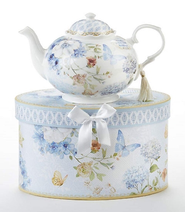 BLUE BUTTERFLY PORCELAIN TEAPOT 34 OZ GIFT BOXED