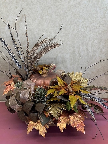 SOLD!!! AUTUMN COPPER COLORED PUMPKIN & PHEASANT FEATHERS