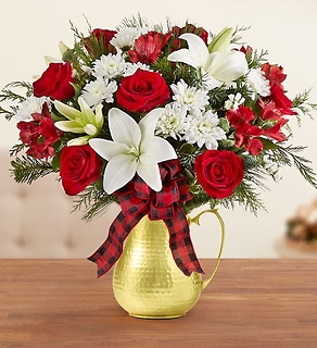 COUNTRY WINTER BOUQUET IN GOLD HAMMERED METAL PITCHER