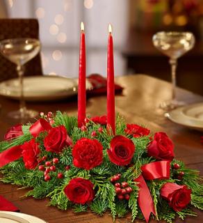 ALL RED CENTERPIECE WITH CANDLES