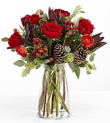 WINTERS RED ROSES & PINECONES FOR SYMPATHY