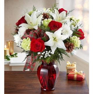 WINTERS GREETINGS WITH WHITE LILIES & RED ROSES