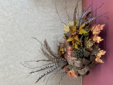 SOLD!!! AUTUMN COPPER COLORED PUMPKIN & PHEASANT FEATHERS