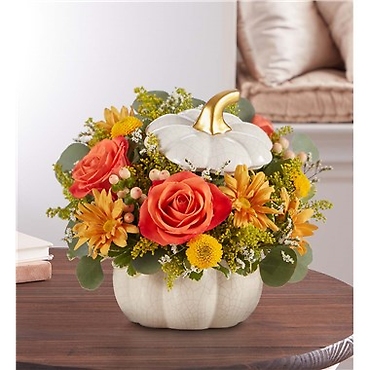 PLENTIFUL WHITE CERAMIC PUMPKIN ARRANGEMENT