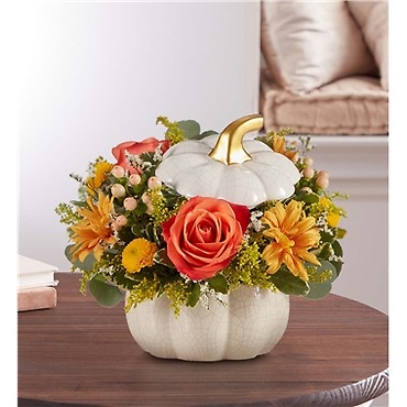 PLENTIFUL WHITE CERAMIC PUMPKIN ARRANGEMENT