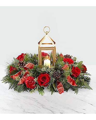 MATTE GOLD LANTERN RED ROSE CENTERPIECE