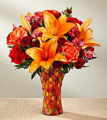AUTUMN SPLENDOR BOUQUET IN STAIN GLASS VASE