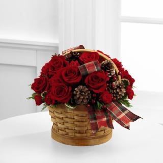 JOYOUS WINTER BASKET BOUQUET WITH RED ROSES