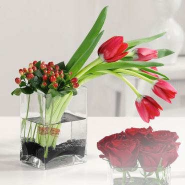 Tulips and Hypericum in Glass Cube