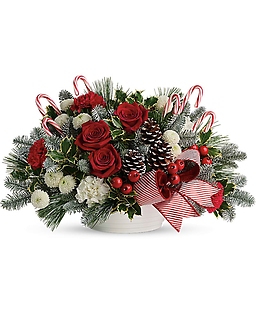 FESTIVE CANDY CANE & RED ROSES CENTERPIECE