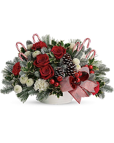 FESTIVE CANDY CANE & RED ROSES CENTERPIECE