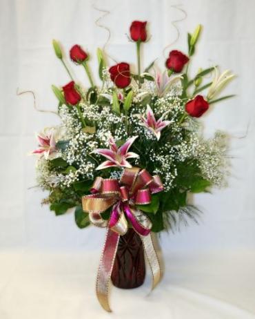 Our \"Star\" Bouquet Red Roses & Stargazer Lilies