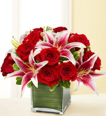 FEBRUARY MODERN EMBRACE RED ROSES AND LILIES