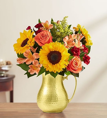 SUNSET FALL BOUQUET IN GOLD HAMMERED METAL PITCHER